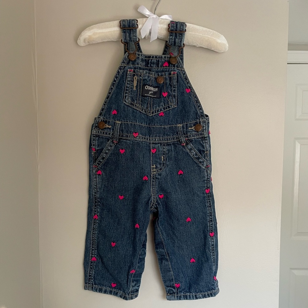 Oshkosh B’Gosh Denim Overalls with Pink Embroidered Hearts, size 9m